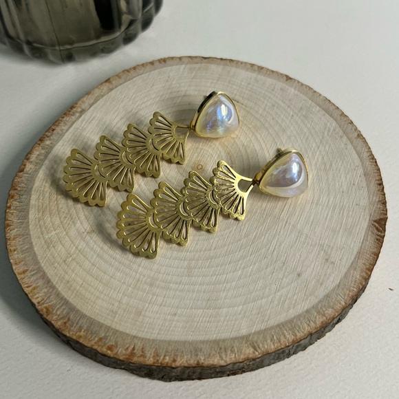 Art Nouveau Flower & Pearl Drop Earrings - Elegant Floral Gold Earrings - Picture 8 of 9